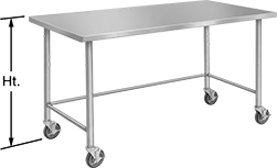 Image of Product. Front orientation. Contains Annotated. Tables. Stainless Steel Tables, Style A, Rolling.