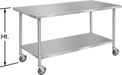 Image of Product. Front orientation. Contains Annotated. Tables. Stainless Steel Tables with Shelves, Style B, Rolling, Stainless Steel Shelf.