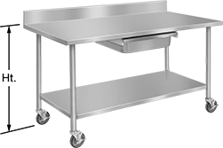 Image of Product. Front orientation. Contains Annotated. Tables. Stainless Steel Tables with Shelves, Style D, Rolling, Stainless Steel Shelf.