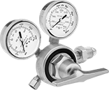 Image of Product. Female Outlet × Male Inlet Single-Stage Valves with T-Handle. Front orientation. Pressure-Regulating Valves. Tank-Mount Pressure-Regulating Valves for Air and Inert Gas, Single Stage, Male Inlet, UNF Outlet Thread, Female Outlet, Outlet-Pressure-Adjustment T-Handle.