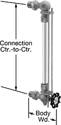 Image of Product. 316 Stainless Steel. Front orientation. Contains Annotated. Liquid-Level Gauges. Liquid-Level Indicators with Shut-Off Valve, 316 Stainless Steel, Needle Stem, Male.