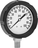 Image of Product. Front orientation. Pressure Gauges. High-Clarity Vibration-Resistant Pressure Gauges, Single Scale, Bottom Connection.