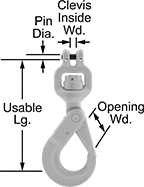 Image of Product. Front orientation. Hooks. Load-Locking Latch, Clevis, Ball Bearing Swivels, For Lifting.