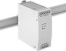 Image of ProductInUse. Front orientation. Power Supplies. Motor-Starting DIN-Rail-Mount Power Supplies, Single Phase, Screw-Clamp Terminal Input and Output Connection—With Output Voltage Signal, Remote On/Off.