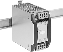 Image of ProductInUse. Front orientation. Power Supplies. Heavy Duty Motor-Starting DIN-Rail-Mount Power Supplies, Three Phase, Spring-Clamp-Terminal Input and Output Connection—With Output Voltage Signal.