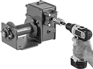 Image of ProductInUse. Front orientation. Winches. Drill-Wind Precise-Positioning Heavy Duty Hand Winches for Wire Rope—For Lifting.