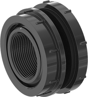 Image of Product. Front orientation. Plastic Pipe Fitting for Oil, Through-Wall Straight Connector, 1-1/2 NPT.