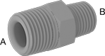 Image of Product. Male × Male. Front orientation. Contains Annotated. Pipe and Fittings. Plastic Pipe Fittings for Oil, Straight Reducers, Male, Threaded Fitting Connection, Hex Body.