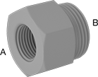 Image of Product. Female × Male. Front orientation. Contains Annotated. Pipe and Fittings. Plastic Pipe Fittings for Oil, Bushing Straight Reducing Adapters, Male, Female, Threaded Fitting Connection, Hex Body.