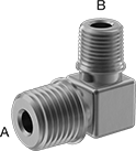Image of Product. Male × Male. Front orientation. Contains Annotated. Pipe and Fittings. Plastic Pipe Fittings for Oil, 90° Elbow Reducers, Threaded Fitting Connection, Male.