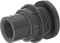 Image of Product. Cement Socket Female × NPT Female. Front orientation. Pipe and Fittings. Thick-Wall Plastic Pipe Fittings for Water, Through-Wall Straight Adapters for Tanks with Gasket, Female, Threaded Fitting Connection, Cement-Socket Fitting Connection, For Flat Tank Surface, For Curved Tank Surface.