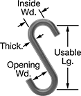 Image of Attribute. Front orientation. Contains Annotated. S-Hooks. S-Hooks—For Lifting, Straight Profile with Rounded Hook.