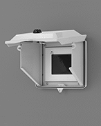 Image of ProductInUse. Cover with Hinged Side Doors Shown Mounted on Enclosure. Front orientation. HMI Covers. HMI Covers for Enclosures, Hinged Side Doors.