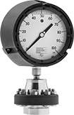 Image of Product. Front orientation. Pressure Test Gauges. Vibration-Resistant Pressure Test Gauges, Polypropylene Case, Single Scale, Bottom Connection/Flange Mount, Guard.
