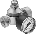 Image of Product. Valves with Pressure Gauge. Front orientation. Pressure-Regulating Valves. Pressure-Regulating Valves with Garden Hose Fittings for Water, Female Inlet, Buna-N Diaphragm, Brass Body, Outlet-Pressure-Adjustment Screw, Outlet Pressure Gauge Included.