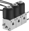 Image of System. Three Valves Assembled as a Manifold. Front orientation. Diverting Valves. Create-a-Manifold Threaded Solenoid Diverting Valves.