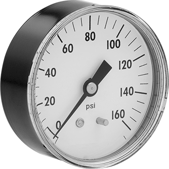 Image of Product. Front orientation. Single Scale Pressure Gauge with Plastic Case, 1/8 NPT Male Center Back Connection, 1-1/2" Dial.