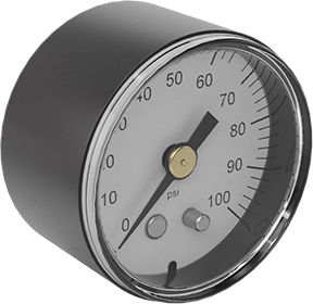 Image of Product. Front orientation. Single Scale Pressure Gauge with Plastic Case, 1/8 NPT Male Center Back Connection, 1-1/2" Dial.