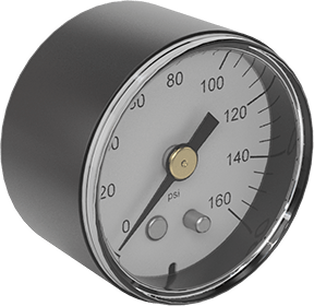 Image of Product. Front orientation. Single Scale Pressure Gauge with Plastic Case, 1/8 NPT Male Center Back Connection, 1-1/2" Dial.