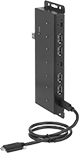 Image of Product. 4 Female USB-A and 3 Female USB-C Connections. Front orientation. Data Connection Hubs. DIN-Rail Mount, Male USB-C, 4 USB Connections, 3 USB Connections.