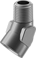 Image of Product. NPT Female × NPT Male. Front orientation. Pipe and Fittings. Medium-Pressure Aluminum Threaded Pipe Fittings, 45° Elbow Adapters, Male, Female, Threaded Fitting Connection.