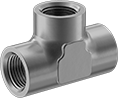 Image of Product. NPT Female. Front orientation. Pipe and Fittings. Medium-Pressure Aluminum Threaded Pipe Fittings, Tee Connectors, Threaded Fitting Connection, Female.