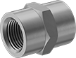 Image of Product. NPT Female. Front orientation. Pipe and Fittings. Medium-Pressure Aluminum Threaded Pipe Fittings, Straight Connectors, Threaded Fitting Connection, Female, Hex Body.