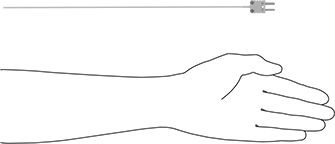 Image of Product. Side1 orientation. Contains SizingReference. Thermocouple Probe for Liquids and Gases, Type K, Flat-Pin Mini, 12" Long x 1/16" Diameter Probe.