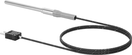 Image of Product. Back orientation. Thermocouple Probe for Liquids and Gases, Type J, Flat-Pin Mini, with Cable, 3" Long x 1/4" Diameter Probe.