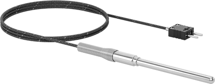 Image of Product. Front orientation. Thermocouple Probe for Liquids and Gases, Type J, Flat-Pin Mini, with Cable, 3" Long x 1/4" Diameter Probe.