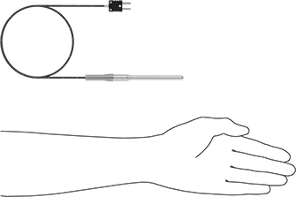 Image of Product. Side1 orientation. Contains SizingReference. Thermocouple Probe for Liquids and Gases, Type J, Flat-Pin Mini, with Cable, 3" Long x 1/4" Diameter Probe.