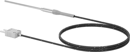 Image of Product. Back orientation. Thermocouple Probe for Liquids and Gases, Type K, Flat-Pin Mini, with Cable, 3" Long x 1/8" Diameter Probe.