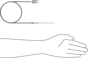 Image of Product. Side1 orientation. Contains SizingReference. Thermocouple Probe for Liquids and Gases, Type K, Flat-Pin Mini, with Cable, 3" Long x 1/8" Diameter Probe.