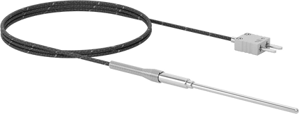 Image of Product. Front orientation. Thermocouple Probe for Liquids and Gases, Type K, Flat-Pin Mini, with Cable, 3" Long x 1/8" Diameter Probe.