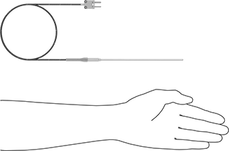 Image of Product. Side1 orientation. Contains SizingReference. Thermocouple Probe for Liquids and Gases, Type K, Flat-Pin Mini, with Cable, 6" Long x 1/8" Diameter Probe.