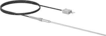 Image of Product. Front orientation. Thermocouple Probe for Liquids and Gases, Type K, Flat-Pin Mini, with Cable, 6" Long x 1/8" Diameter Probe.