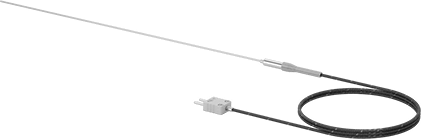 Image of Product. Back orientation. Thermocouple Probe for Liquids and Gases, Type K, Flat-Pin Mini, Cable, 12" Long x 1/16" Diameter Probe.