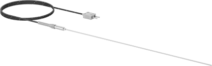 Image of Product. Front orientation. Thermocouple Probe for Liquids and Gases, Type K, Flat-Pin Mini, Cable, 12" Long x 1/16" Diameter Probe.