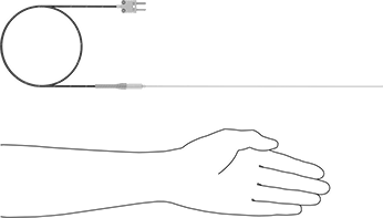 Image of Product. Side1 orientation. Contains SizingReference. Thermocouple Probe for Liquids and Gases, Type K, Flat-Pin Mini, Cable, 12" Long x 1/16" Diameter Probe.