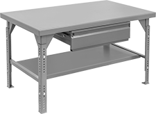 Image of Product. Table with Shelf and Drawer. Front orientation. Tables. Extra Heavy Duty Adjustable-Height Steel Tables, Stationary, Tables with Shelf and Drawer.