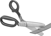Image of ProductInUse. Right Handed. Front orientation. Scissors. Scissors for Leather, Offset Handle, 9 3/4" Overall Length.