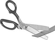 Image of ProductInUse. Left Handed. Front orientation. Scissors. Scissors for Leather, Offset Handle, 10" Overall Length.