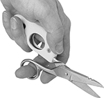 Image of ProductInUse. Style A Shown with Handle (Sold Separately). Front orientation. Scissors. Scissors for Wire Cutting and Stripping, Straight Handle, Style A.