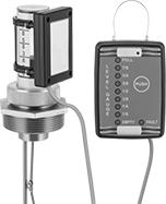 Image of ProductInUse. Remote-Reading Display Shown with Gauge. Front orientation. Contains MultipleImages. Liquid-Level Gauge Alarms. Chemical-Resistant Vertical-Mount Liquid-Level Gauges for Tanks, Remote-Reading Displays.