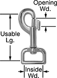 Image of Product. Front orientation. Contains Annotated. Snap Hooks. Slide-Bolt-Latch Snap Hooks with Flat Swivel Eye for Webbing.