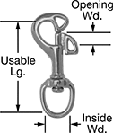 Image of Product. Front orientation. Contains Annotated. Snap Hooks. Wire-Locking Slide-Bolt-Latch Snap Hooks with Swivel Eye.