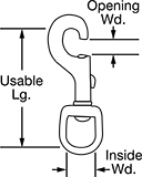 Image of Attribute. Front orientation. Contains Annotated. Slide-Bolt-Latch Snap Hooks with Swivel Eye.