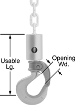 Image of Product. Front orientation. Contains Annotated. Hooks. For Lifting, Spring-Close-Locking Latch, Clevis, Ball Bearing Swivels.