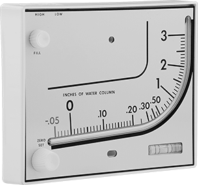 Image of Product. Front orientation. Low-Pressure Differential Gauge, with Inclined Scale, Barbed Tube Connection, 0-3 in. of H2O.