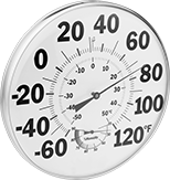 Image of Product. Front orientation. Thermometers. Easy-Read Outdoor Thermometers, 12" Diameter Dial, Aluminum Housing.